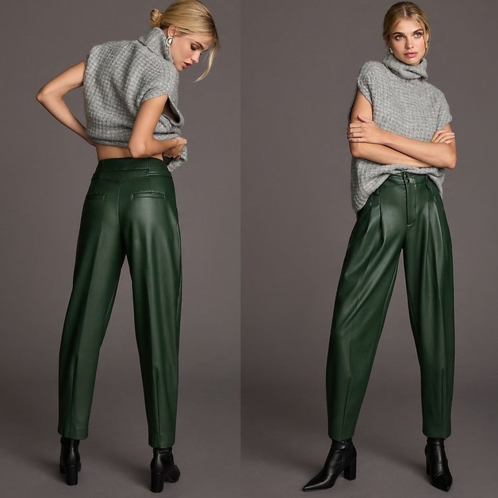 Anthropologie Maeve Faux Leather Taper Pleated Pants 4p petite size green color